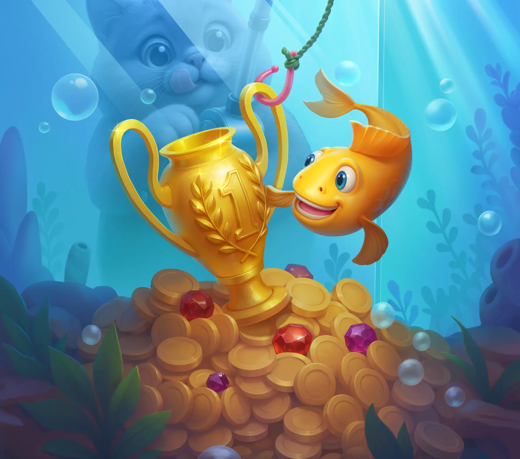 Złota rybka z uśmiechem trzyma ogromny puchar z numerem jeden, unoszący się nad stosami złotych monet i klejnotów na dnie akwarium, podczas gdy ciekawski kot obserwuje scenę przez szkło.